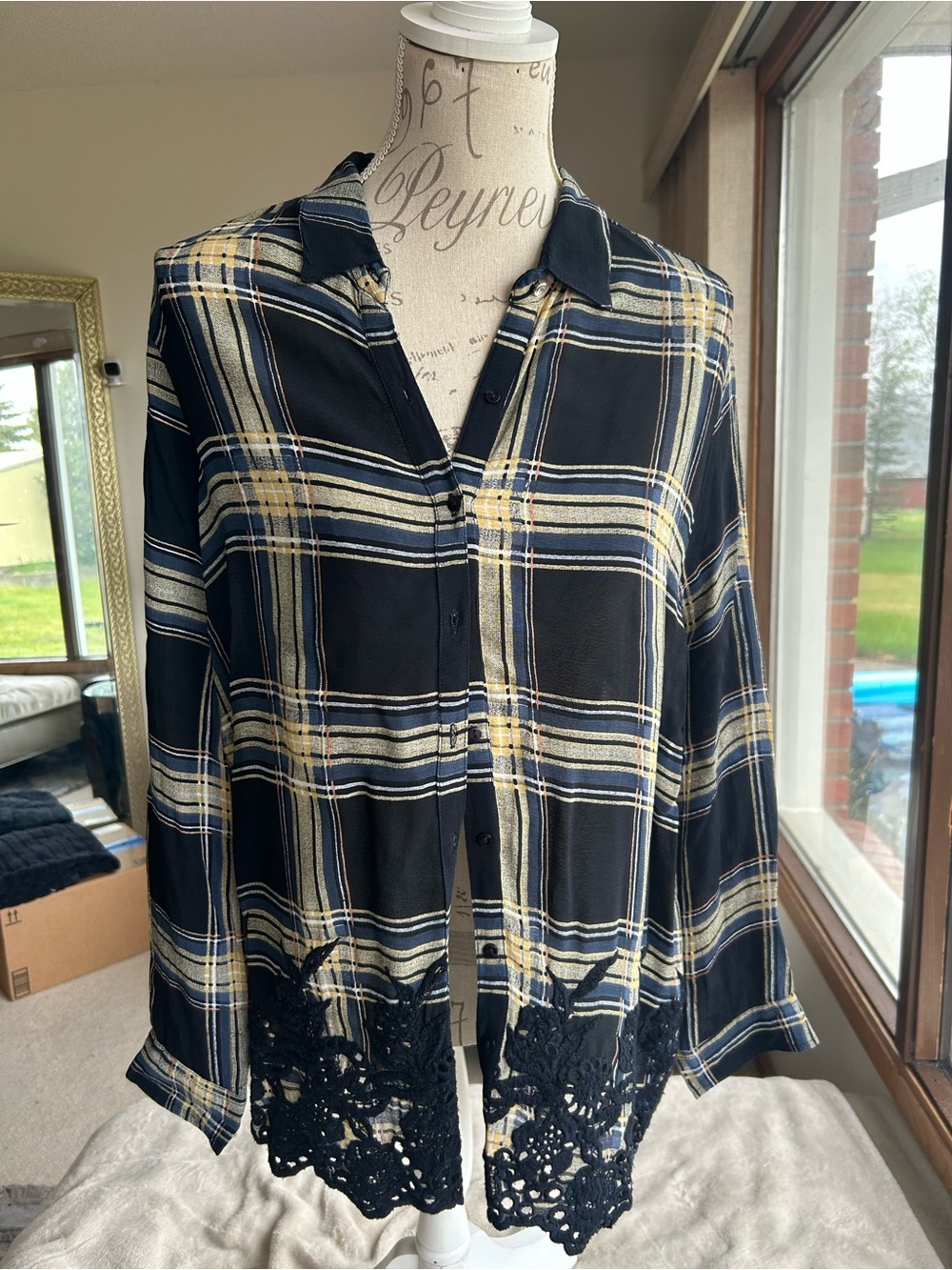 Plaid Button-Down Shirt with Lace Hem - Navy, Cream & Yellow
